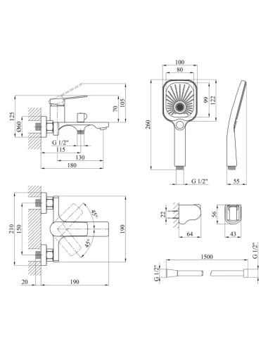 Смеситель для ванны Kroner KRP Makon — C060, с душевым набором