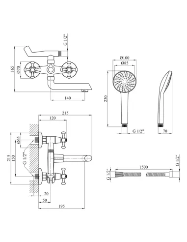 Смеситель для ванны Kroner KRM Rhein — C060, двухвентильный, душевой набор