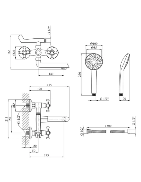 Смеситель для ванны Kroner KRM Rhein — C060, двухвентильный, душевой набор