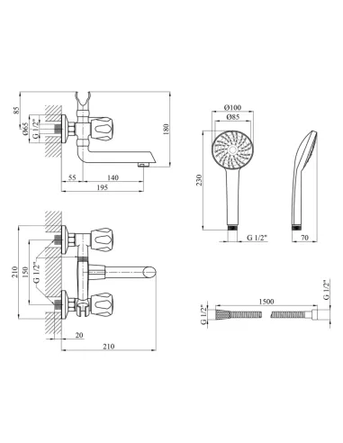 Смеситель для ванны Kroner KRP Hamburg — C060, двухвентильный, душевой набор
