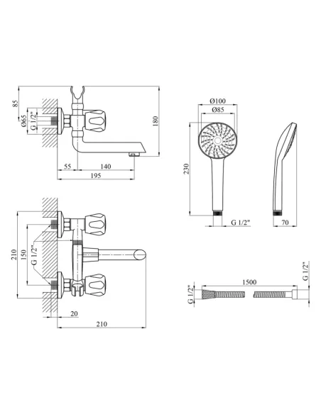 Смеситель для ванны Kroner KRP Hamburg — C060, двухвентильный, душевой набор