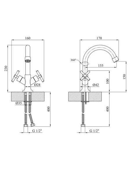Смеситель для умывальника Kroner KRM Aller - C010, двухвентильный