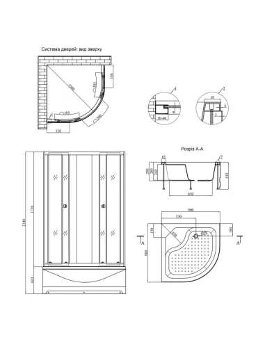 Душова кабіна з високим піддоном Kroner KRP Harz - C.Т.G. 90x90 см, напівкругла