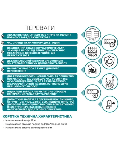 Акумуляторний поверхневий насос NPO Garden-Battery JP2,8-22 180 Вт