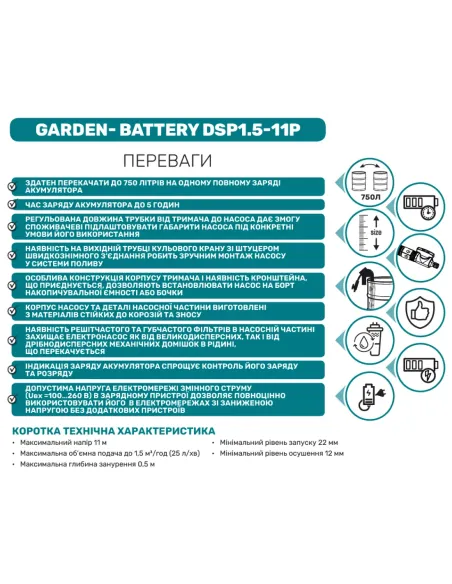 Аккумуляторный погружной насос NPO Garden-Battery DSP1.5-11P 50 Вт