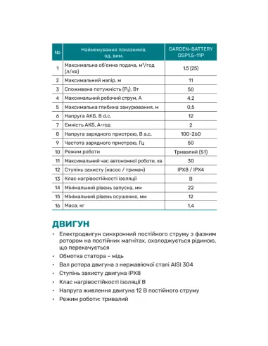 Акумуляторний занурювальний насос NPO Garden-Battery DSP1.5-11P 50 Вт