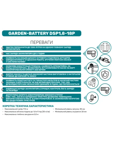 Акумуляторний занурювальний насос NPO Garden-Battery DSP1,8-18P 80 Вт