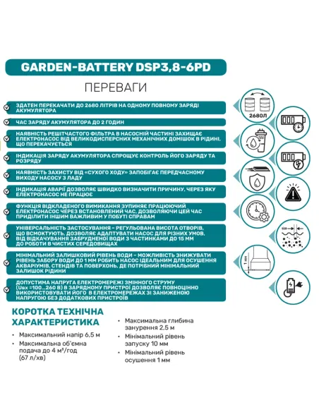 Акумуляторний занурювальний насос NPO Garden-Battery DSP3,8-6PD 90 Вт