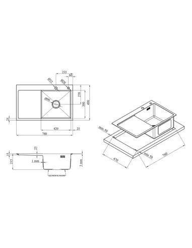 Мойка для кухни прямоугольная Kroner KRP Gebürstet - 7849RHM из нержавеющей стали 3.0/1.0 мм