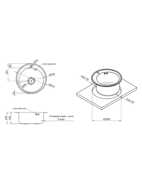 Мойка для кухни круглая Kroner KRP Satin - 510 из нержавеющей стали 0.8 мм