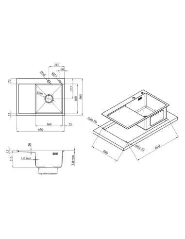 Мойка для кухни прямоугольная Kroner KRP Schwarze - 6350RHM PVD из нержавеющей стали 3.0/1.0 мм