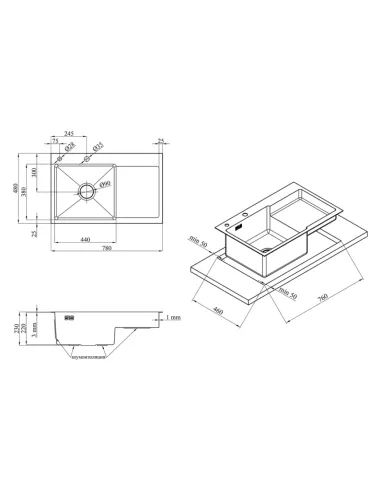 Мойка для кухни прямоугольная Kroner KRP Schwarze - 7848LHM PVD из нержавеющей стали 3.0/1.0 мм