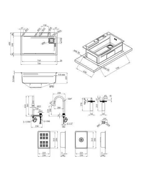 Багатофункціональна кухонна мийка Kroner KRP Schwarze - SET7545HM PVD із вбудованим змішувачем