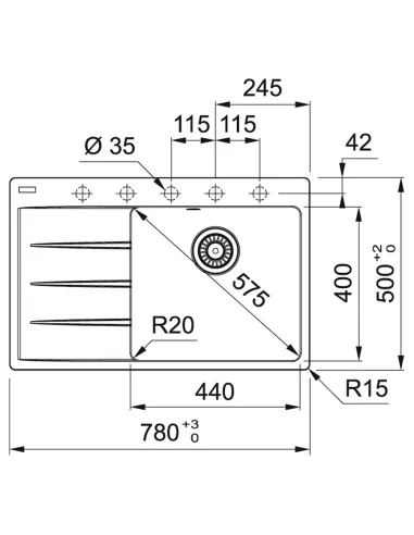Мийка для кухні прямокутна Franke Centro CNG 611-78 TL, 780x500x200 мм, кам`яна, сірий сланець, крило зліва
