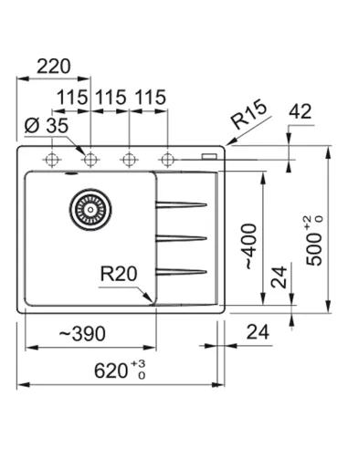 Мойка для кухни прямоугольная Franke Centro CNG 611-62 TL, 620x500x200 мм, каменная, оникс, крыло справа купить в Днепре и Киеве