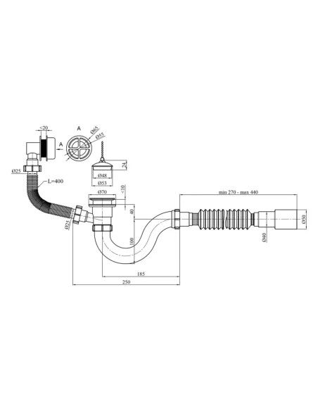 Сифон для ванни Kroner KRP-BS01 з переливом, 40 мм