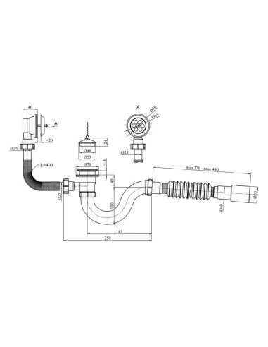 Сифон для ванны Kroner KRP - BS02 с переливом, 40 мм