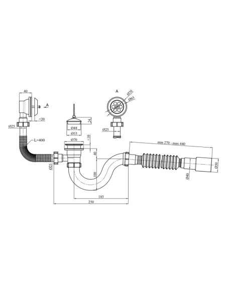 Сифон для ванны Kroner KRP - BS02 с переливом, 40 мм