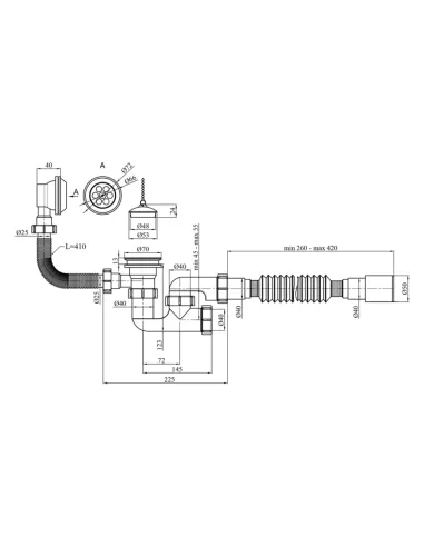 Сифон для ванни Kroner KRP-BS03 з переливом, 40 мм