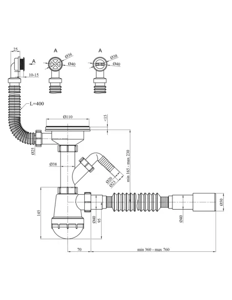 Сифон для кухонной мойки Kroner KRP - KS02R-1WHI с отводом для стиральной машины, 3 1/2 дюйма