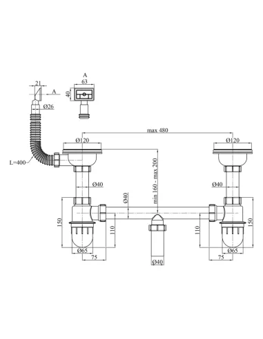 Сифон для кухонної мийки Kroner KRP - Siphon - 012 з переливом, 3 1/2 дюйма