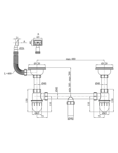 Сифон для кухонної мийки Kroner KRP - Siphon - 012 з переливом, 3 1/2 дюйма