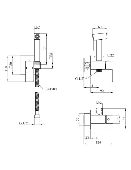 Змішувач для біде Kroner KRP Edelstahl Kubus - SCH053 з гігієнічним душем