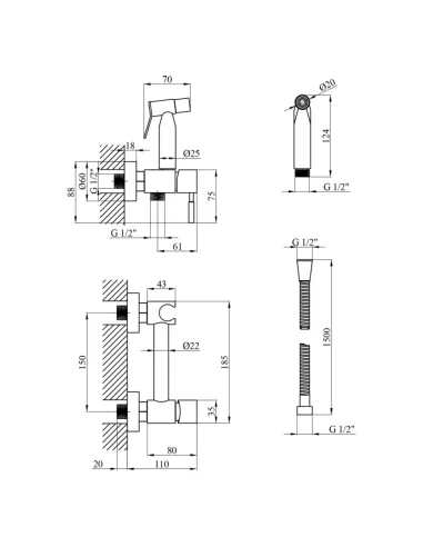 Смеситель для биде Kroner KRP Edelstahl Klassisch - ESG052 с гигиеническим душем