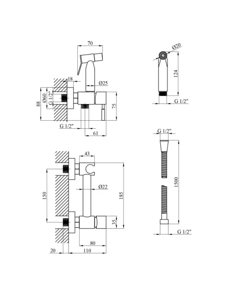 Змішувач для біде Kroner KRP Edelstahl Klassisch - ESG052 з гігієнічним душем