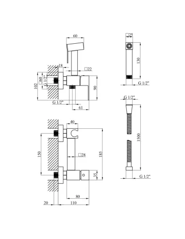 Змішувач для біде Kroner KRP Edelstahl Kubus - CHR052 з гігієнічним душем