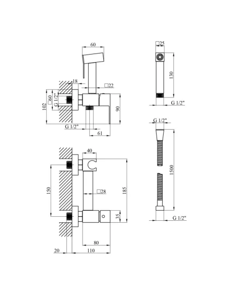 Змішувач для біде Kroner KRP Edelstahl Kubus - ESG052 з гігієнічним душем
