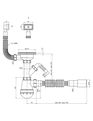 Сифон для кухонної мийки Kroner KRP - KS02-1WHI з відведенням для пральної машини, 3 1/2 дюйма