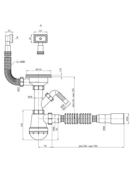 Сифон для кухонной мойки Kroner KRP - KS02-1WHI с отводом для стиральной машины, 3 1/2 дюйма