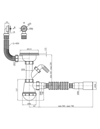 Сифон для кухонной мойки Kroner KRP - KS02R-1 с отводом для стиральной машины, 3 1/2 дюйма