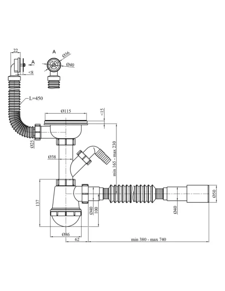 Сифон для кухонної мийки Kroner KRP-KS02R-1 з відведенням для пральної машини, 3 1/2 дюйма