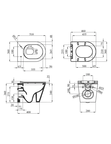 Унитаз Kroner Armada WHI513636 RIMLESS 360х360х510 мм, безободковый, подвесной, сиденье Soft-close