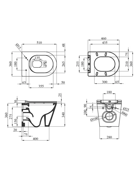 Унитаз Kroner Armada WHI513636 RIMLESS 360х360х510 мм, безободковый, подвесной, сиденье Soft-close