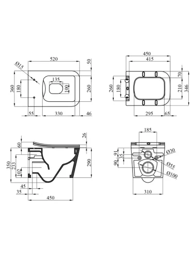 Унитаз Kroner Eifel WHI523629 RIMLESS 360х350х520 мм, безободковый, подвесной, сиденье Soft-close