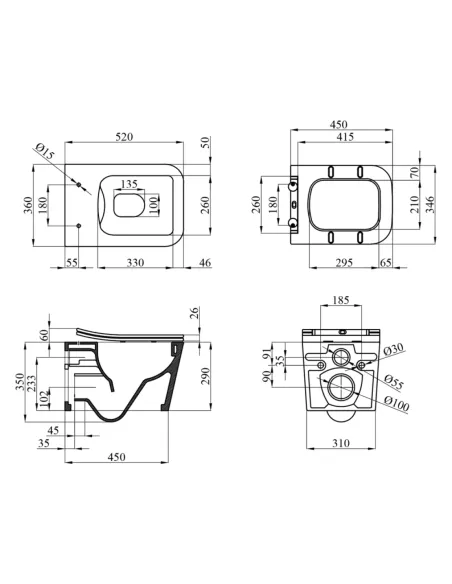 Унітаз Kroner Eifel WHI523629 RIMLESS 360х350х520 мм, безободковий, підвісний, сидіння Soft-close