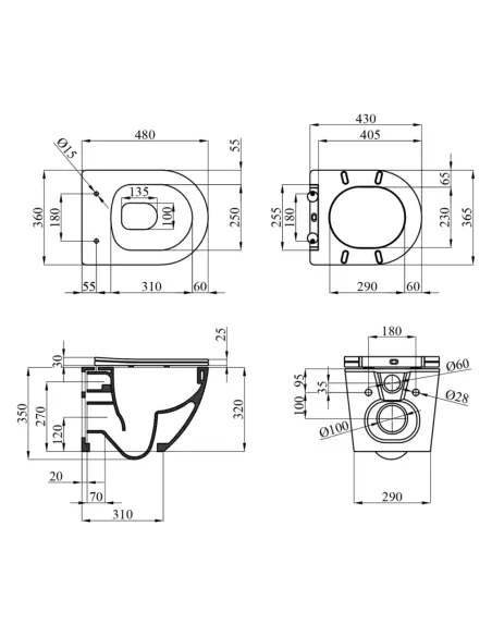 Унітаз Kroner Harz WHI483632 TORNADO 360х350х480 мм, безободковий, підвісний, сидіння Soft-close