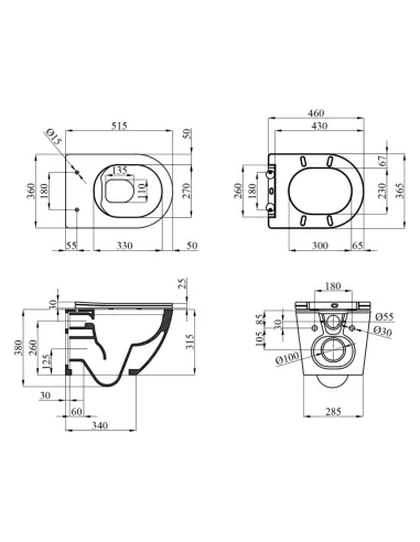 Унітаз Kroner Harz WHI523632 RIMLESS 380х360х515 мм, безободковий, підвісний, сидіння Soft-close