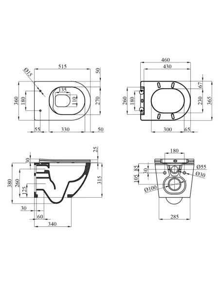 Унітаз Kroner Harz WHI523632 RIMLESS 380х360х515 мм, безободковий, підвісний, сидіння Soft-close