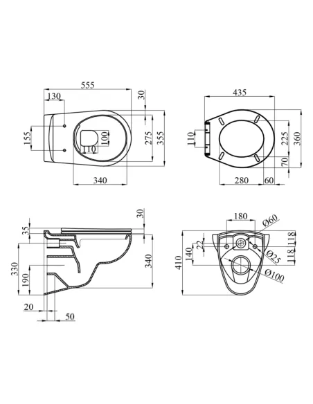 Унітаз Kroner Oker WHI533536 RIMLESS 410х355х555 мм, безободковий, підвісний, сидіння Soft-close