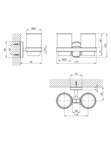 Склянка для ванної кімнати Kroner KRM Elbe - ACG2908, подвійна, з тримачем зубних щіток