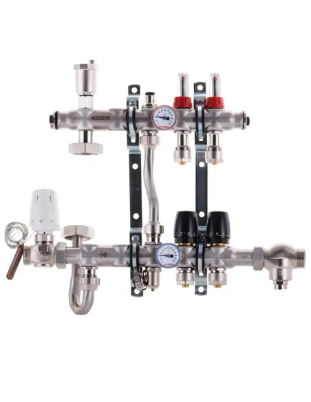 Колектор для теплої підлоги Koer KR.S1011-2 SUS304 2 виходи, з вбудованим змішувальним вузлом та євроконусами