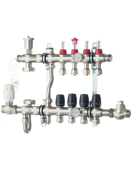 Коллектор для теплого пола Koer KR.S1011-4 SUS304 4 выхода, со встроенным смесительным узлом и евроконусами