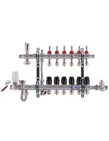 Колектор для теплої підлоги Koer KR.S1011-6 SUS304 6 виходів, із вбудованим змішувальним вузлом та євроконусами