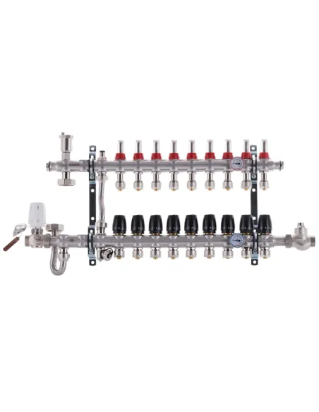 Колектор для теплої підлоги Koer KR.S1011-9 SUS304 9 виходів, із вбудованим змішувальним вузлом та євроконусами