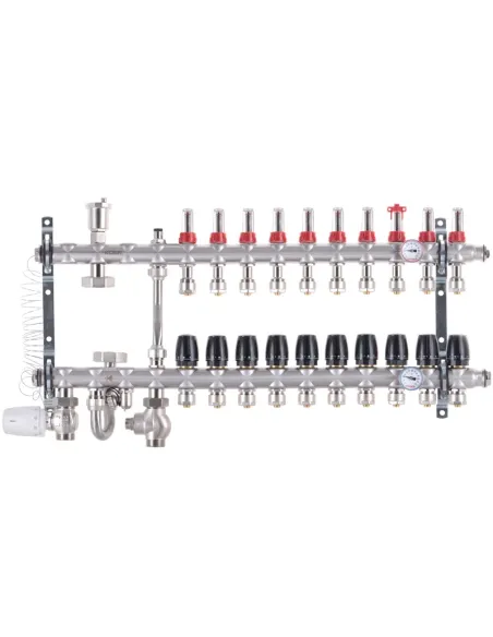 Колектор для теплої підлоги Koer KR.S1012-10 SUS304 10 виходів, із вбудованим змішувальним вузлом та євроконусами