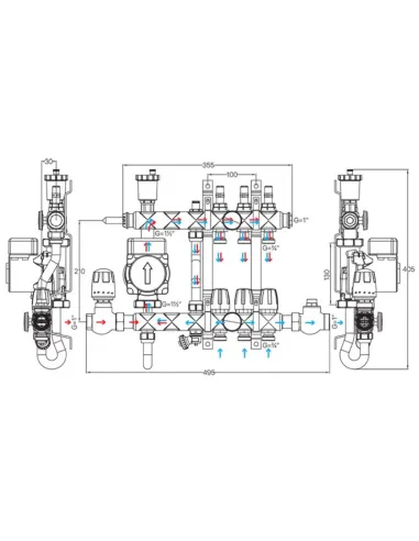 Коллектор для теплого пола Koer KR.S1012-11 SUS304 11 выходов, со встроенным смесительным узлом и евроконусами